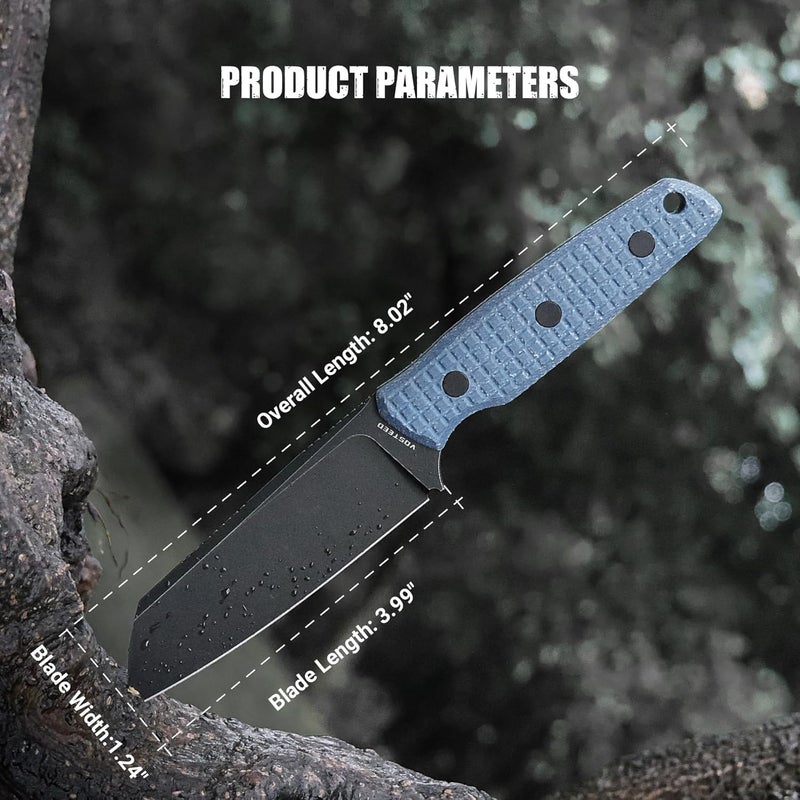 Vosteed EDC Fixed Blade Knives - 3.99’’ Nitro-V Sheepsfoot Blade with Sheath, Full-Tang Blue Micarta Handle - Outdoor Camping Hunting Knife - Mink D0104 - Image 3